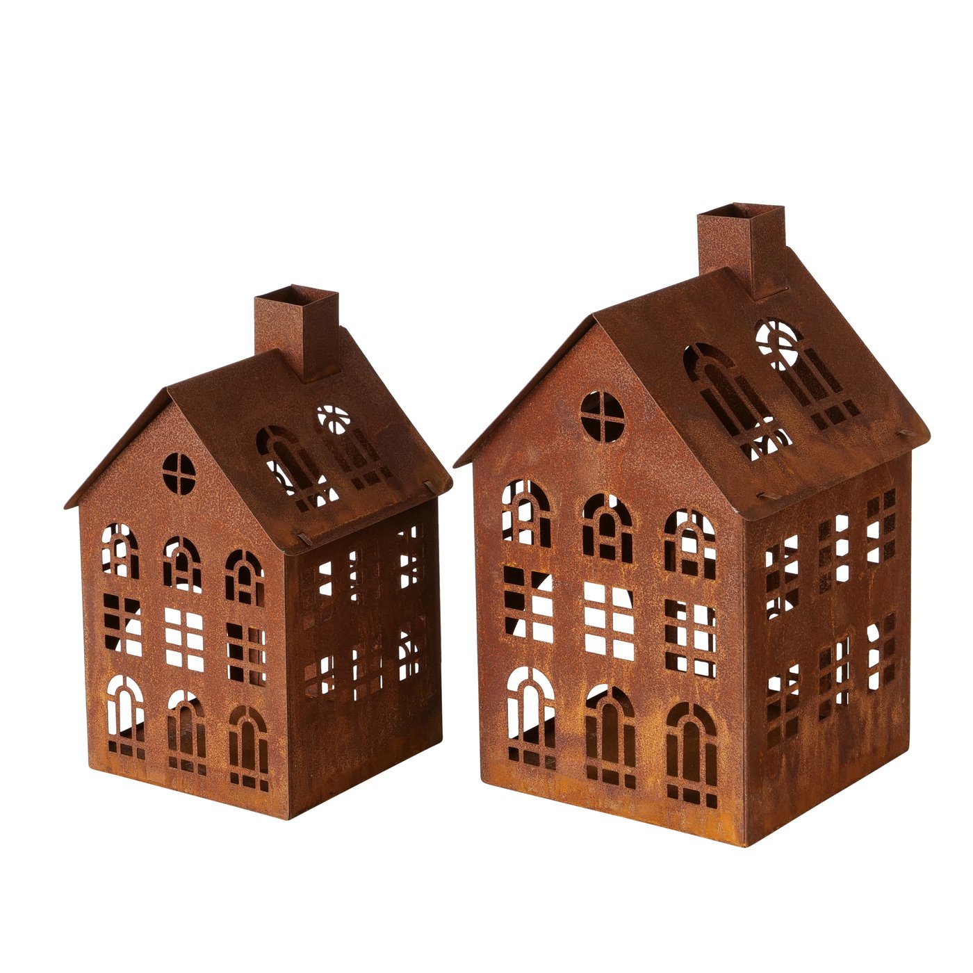 Boltze - Waxine Huisjes - Huisjes - Lantaarn huisjes - set van 2 - Metaal - Roest - 20 en 23cm hoog