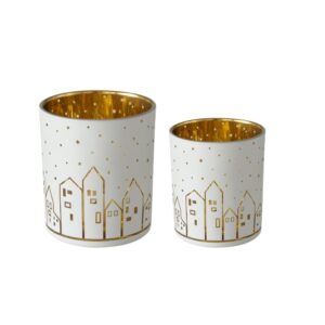 Boltze - Waxinehouder - Set van 2 - Huisjes - Goud en Wit - 8 en 10 cm hoog - Waxinelichtjes