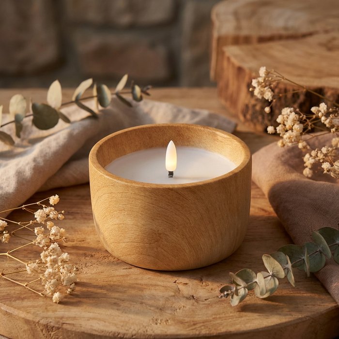Boltze - LED kaars - Aardewerk met houtlook - Echte wax met kunststof vlam - 12x8cm - Afbeelding 2