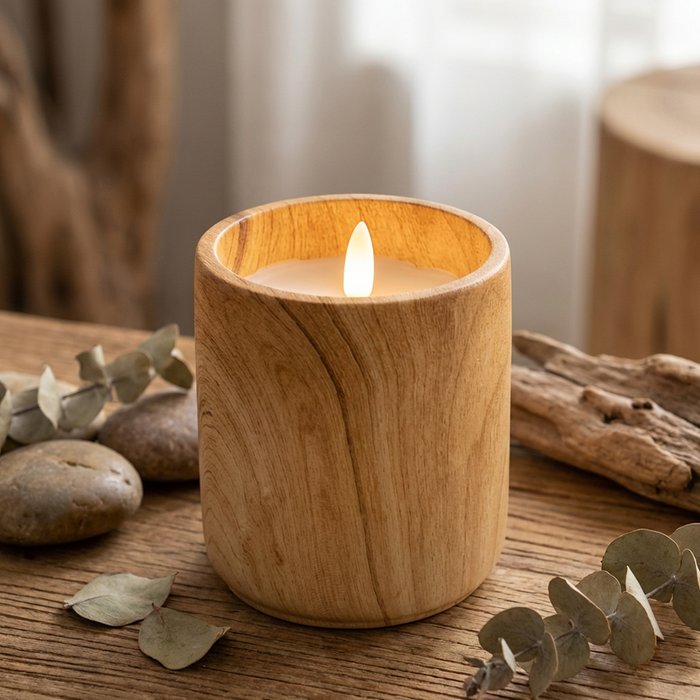 Boltze - LED kaars - Echte Wax - Keramiek met houtlook - 10.5 cm hoog x 9cm breed - Met Timer - Afbeelding 2