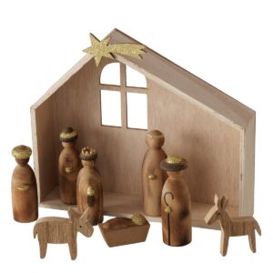 Boltze - Kerststal - Hout - Kerststal - Met Figuren - FSC 100% Hout - Naturel/Goud - 20x18x4cm