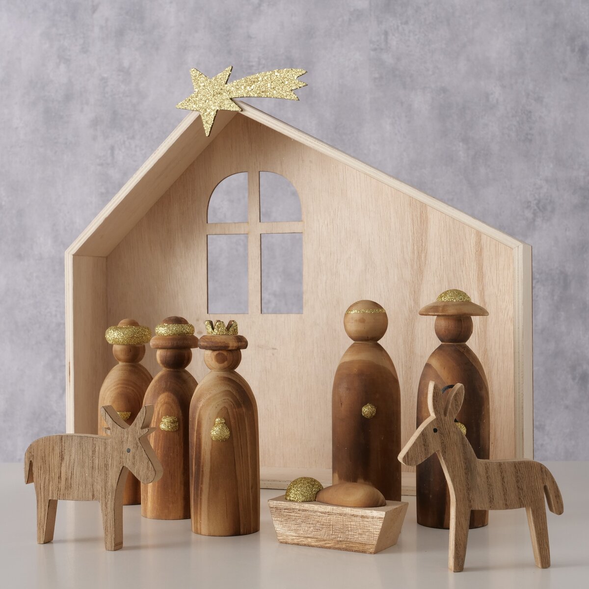 Boltze - Kerststal - Hout - Kerststal - met Figuren - FSC 100% Hout - Naturel/Goud - 25x6x35cm - Kerst - Afbeelding 5