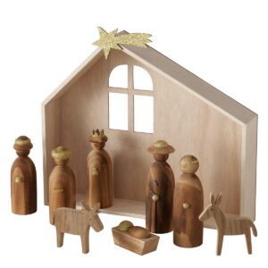 Boltze - Kerststal - Hout - Kerststal - met Figuren - FSC 100% Hout - Naturel/Goud - 25x6x35cm - Kerst