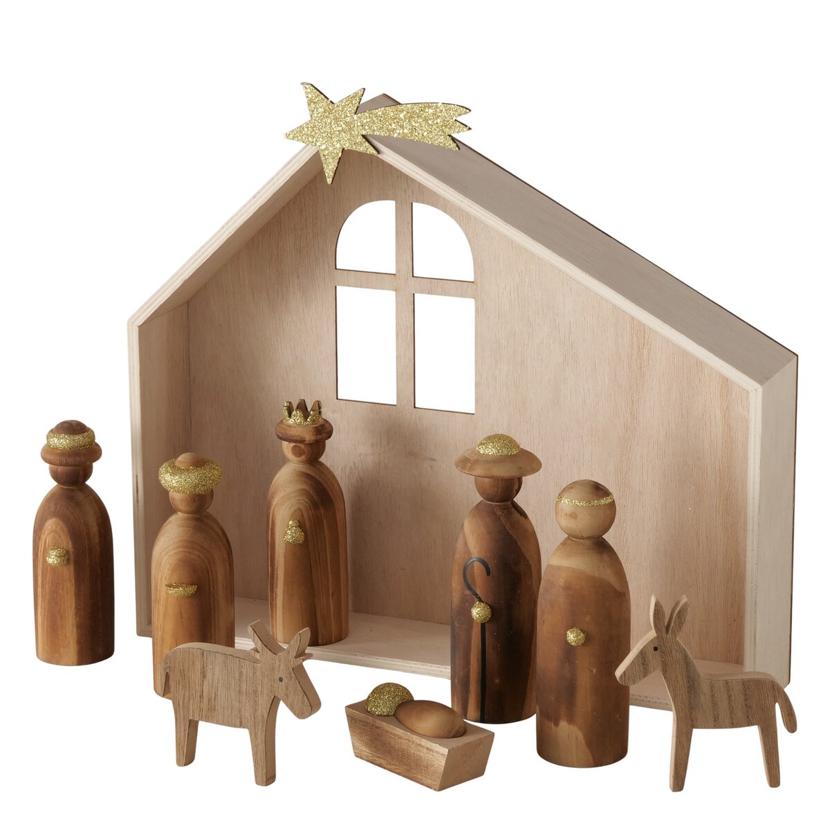 Boltze - Kerststal - Hout - Kerststal - met Figuren - FSC 100% Hout - Naturel/Goud - 25x6x35cm - Kerst
