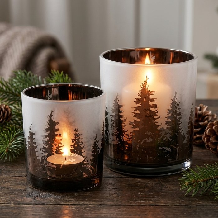 Boltze - Waxinelichthouders - Set van 2 - Glas - Groen/Zilver - 8 en 10 cm - Dennenbos - Herfst - Winter - Kerst - Afbeelding 2