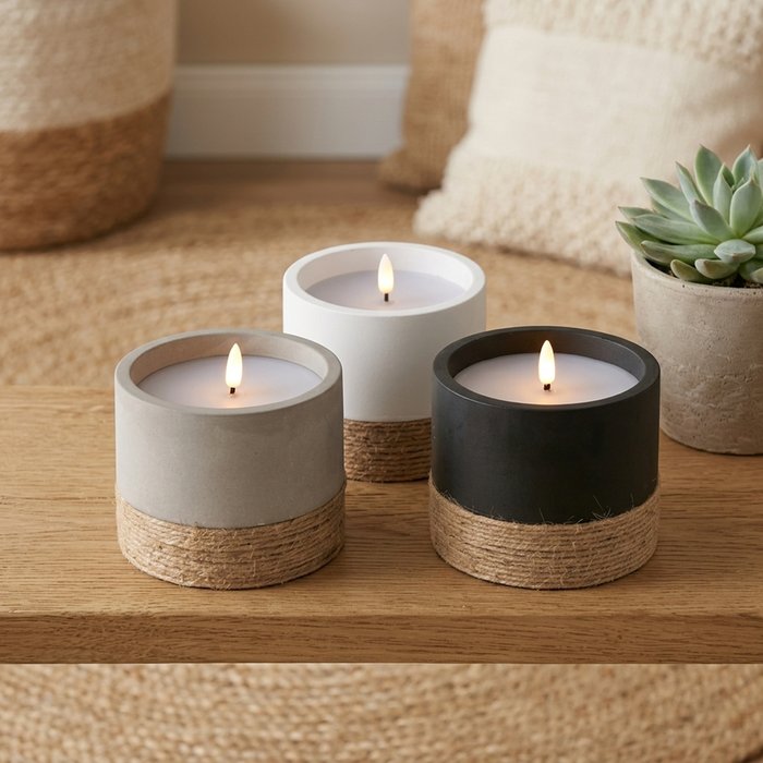 Boltze - LED-kaarsen - Led - Met timer - Hogan - Set van 3 - Beton, wax en jute - Ø 12 x 12 cm - Afbeelding 2