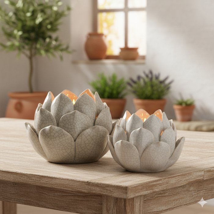 Boltze - Waxinehouder - Kaarsenhouder - Set van 2 - Bloem - Beige en Wit - Keramiek - 13x10cm - Afbeelding 3