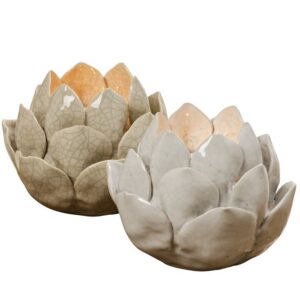 Boltze - Waxinehouder - Kaarsenhouder - Set van 2 - Bloem - Beige en Wit - Keramiek - 13x10cm