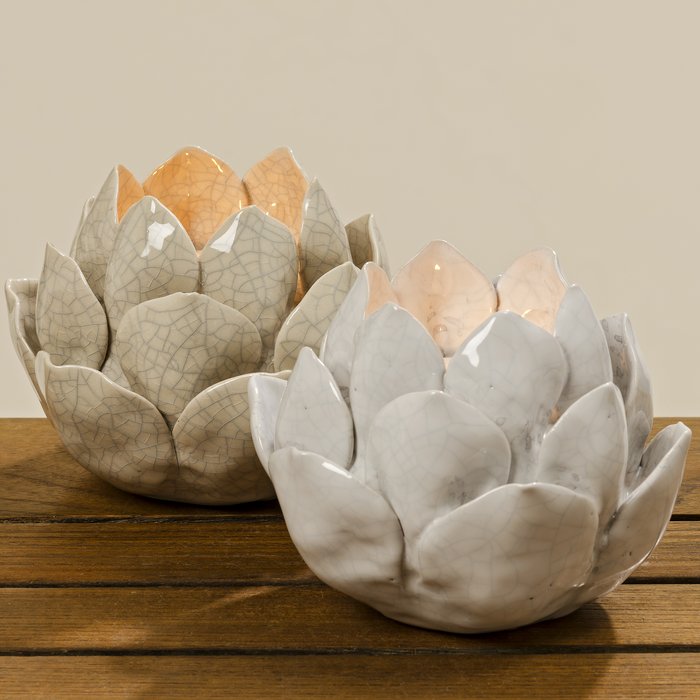 Boltze - Waxinehouder - Kaarsenhouder - Set van 2 - Bloem - Beige en Wit - Keramiek - 13x10cm - Afbeelding 4