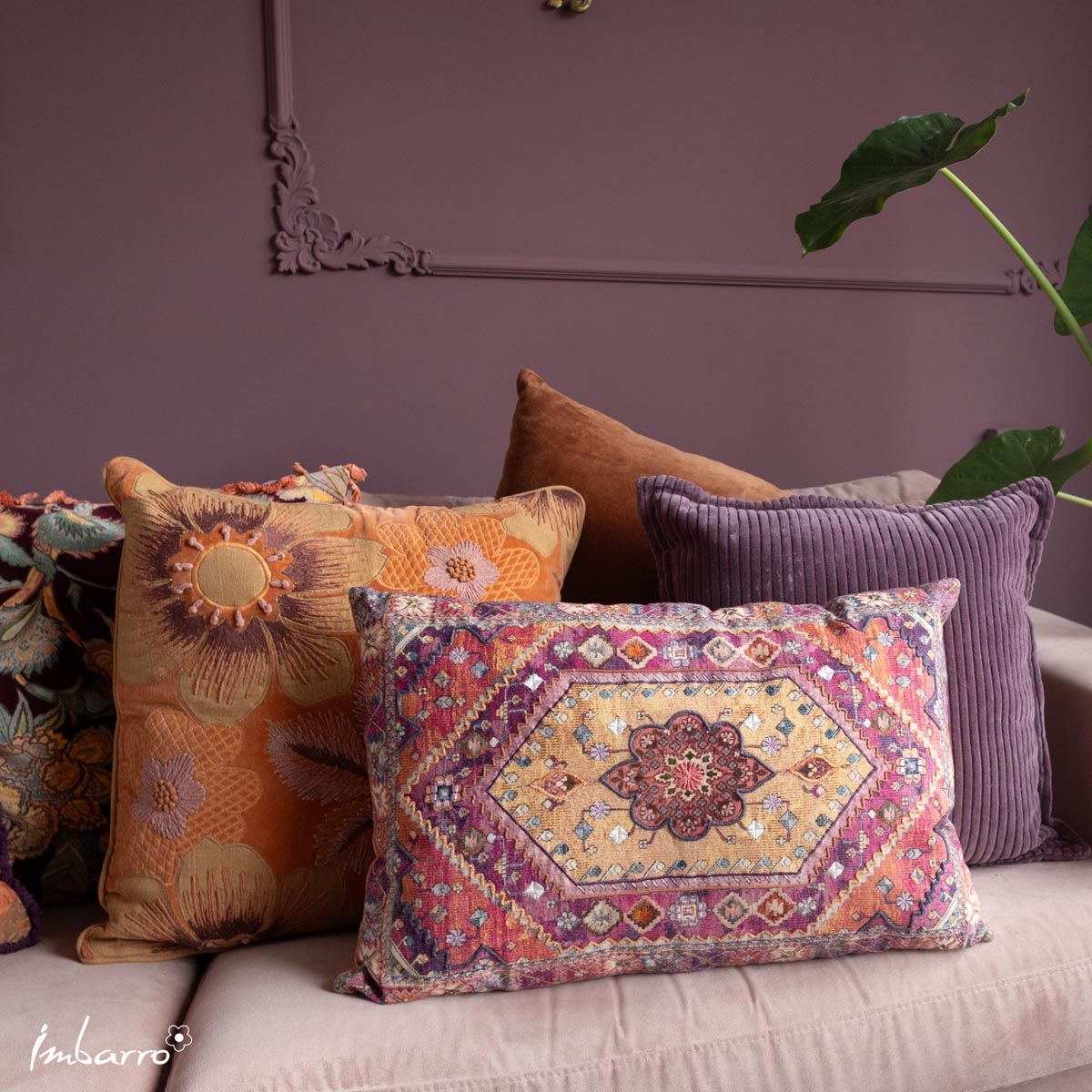 Imbarro - Sierkussen - Kussen - Fiori - Handgeborduurd - Katoen - 40x60 cm - Oranje/Roze - Afbeelding 5