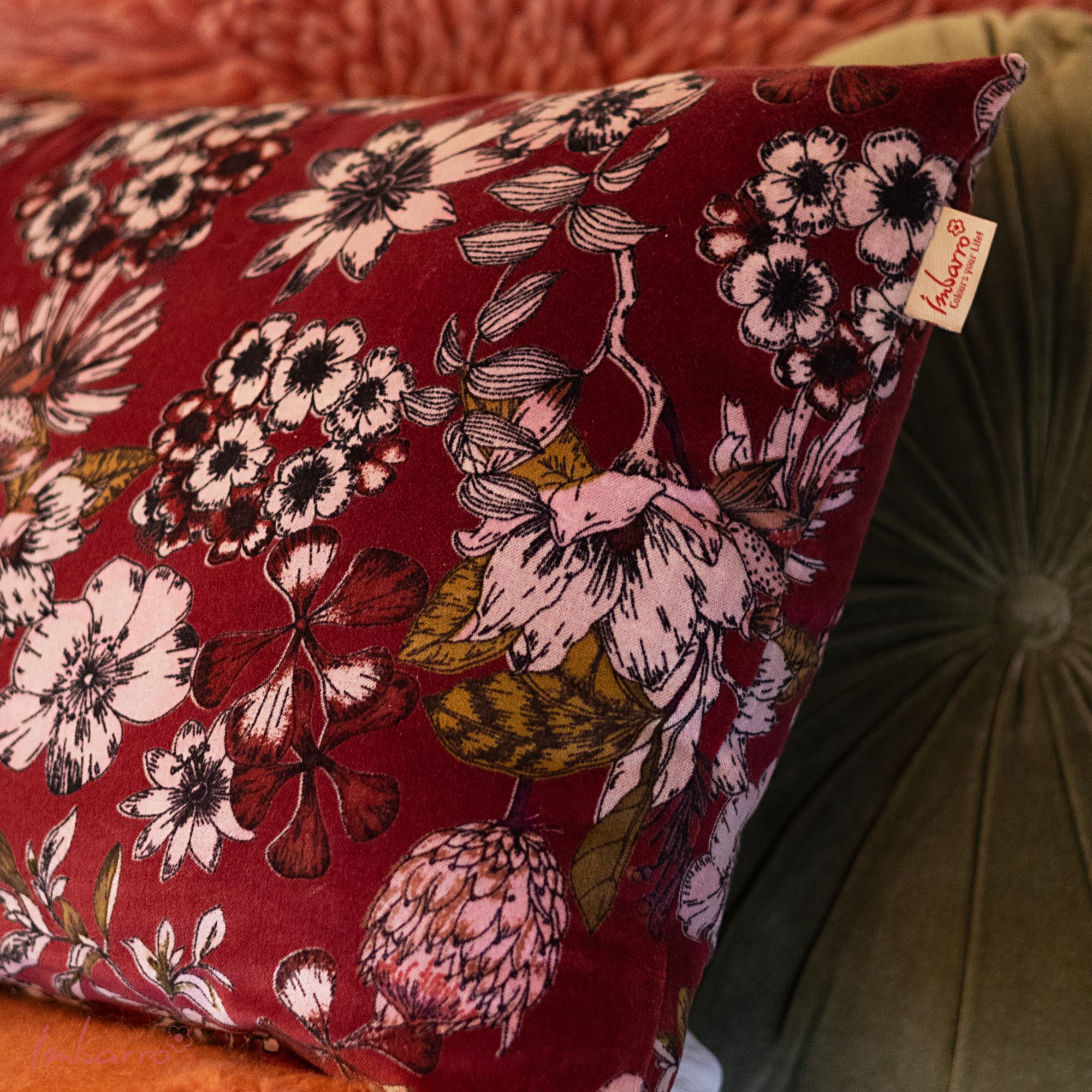 Imbarro - Sierkussen - Kussen - Essence - Burgundy - Velours - Bordeaux - Bloemenprint - 40x60cm - Afbeelding 5