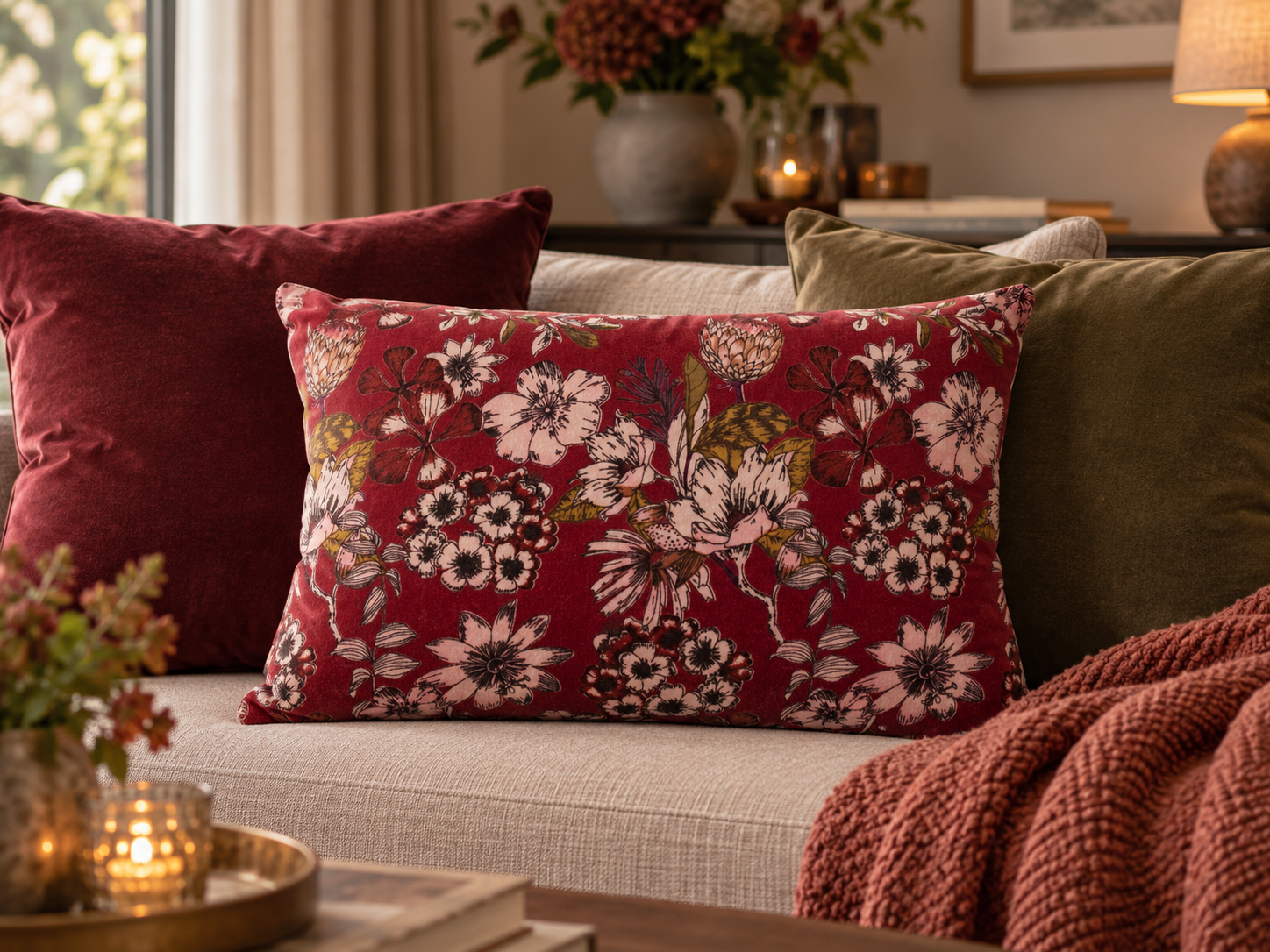 Imbarro - Sierkussen - Kussen - Essence - Burgundy - Velours - Bordeaux - Bloemenprint - 40x60cm - Afbeelding 3