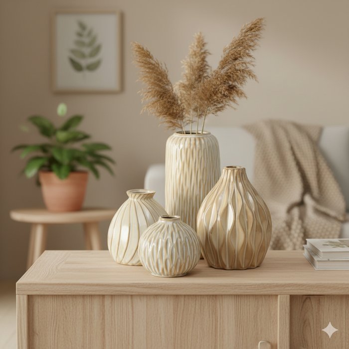 Boltze - Vaas - Bloemenvaas - Set van 4 - Keramiek - Beige - Creme - Verschillende formaten - Moderne Woondecoratie - Afbeelding 2
