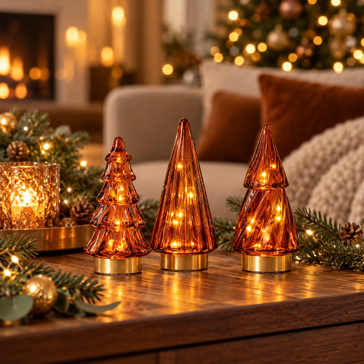 Daan Kromhout - Kerstboom - Led - Glas - 6x13cm - Bruin Oranje - Set van 3 - decoratieve kerstversiering - Afbeelding 2