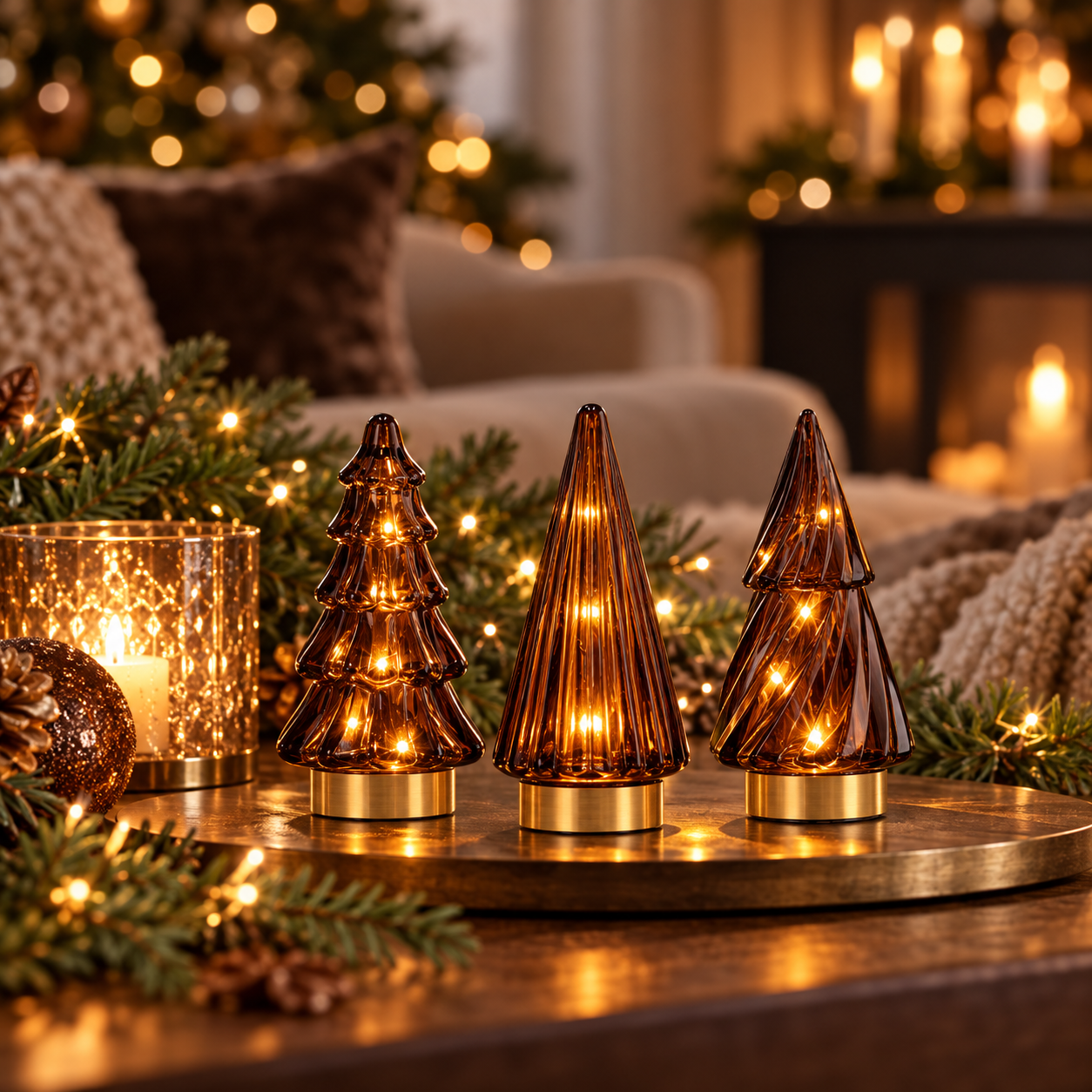 Daan Kromhout - Kerstboom - Led - Glas - 6x13cm - Bruin - Set van 3 - decoratieve kerstversiering - Afbeelding 2