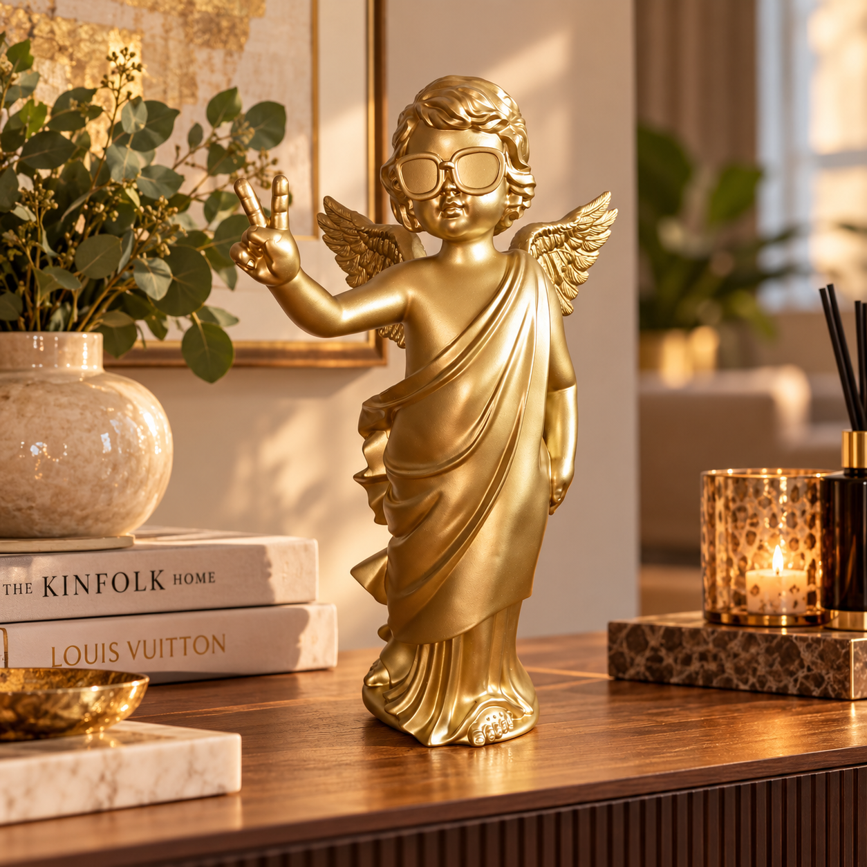 Boltze - Engel - Beeld Goud - Engel met Peace gebaar - Polyresin - 27 x 20 x 50 cm - Decoratief Beeld - Kerst - Afbeelding 2
