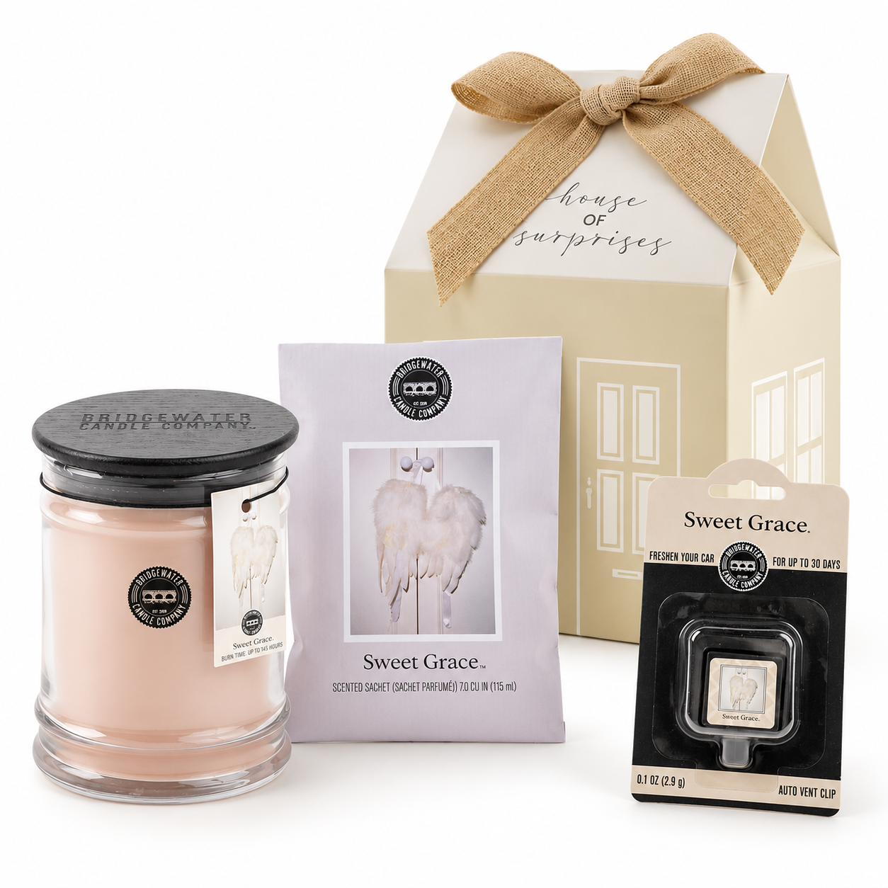 Bridgewater -Sweet Grace - Geurkaars - Geurzakje - Autoparfum - Luxe Geschenkverpakking - 3-delige Geurset - Cadeauset